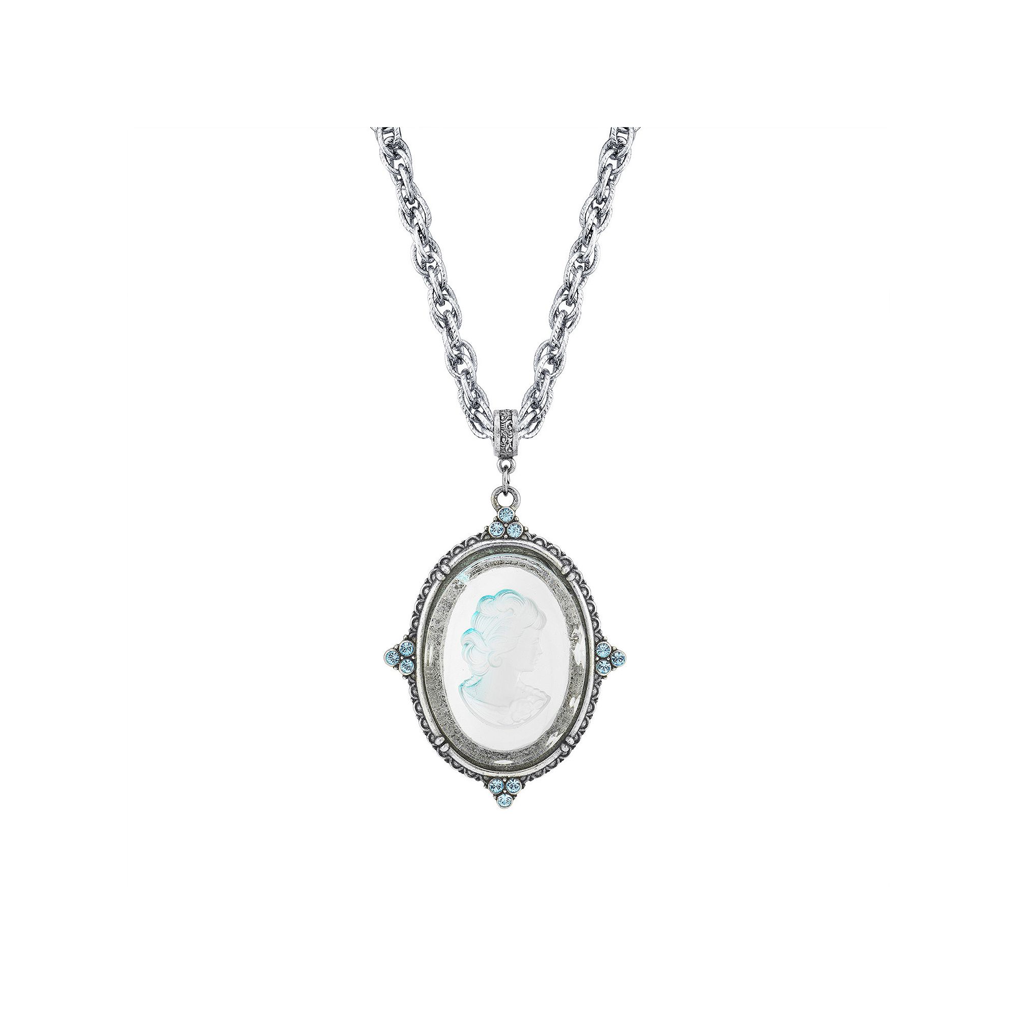1928 Silver Tone Blue Intaglio Cameo Pendant Necklace, Womens