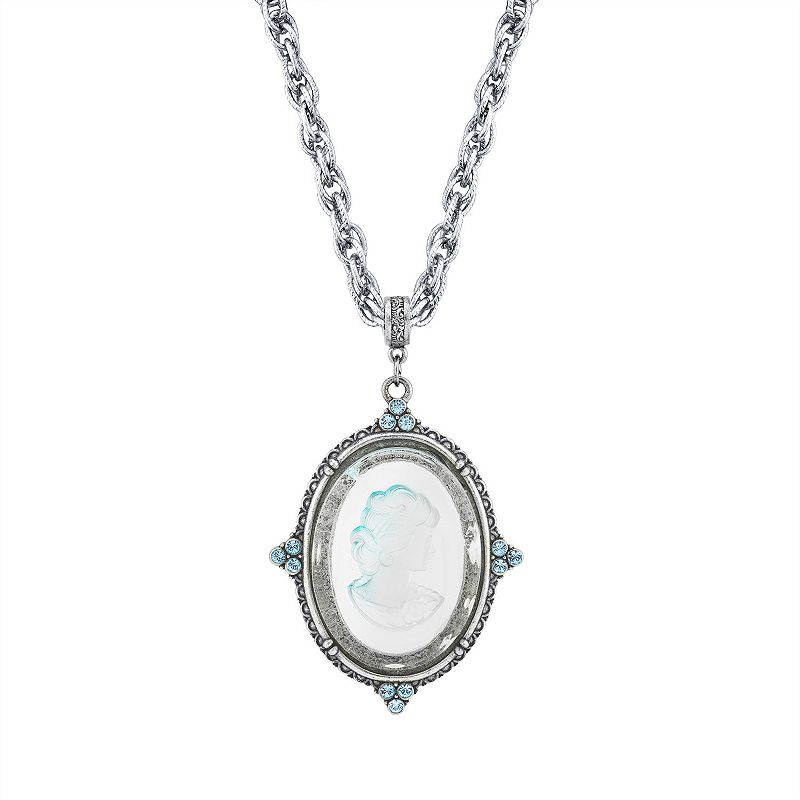 1928 Silver Tone Blue Intaglio Cameo Pendant Necklace, Womens