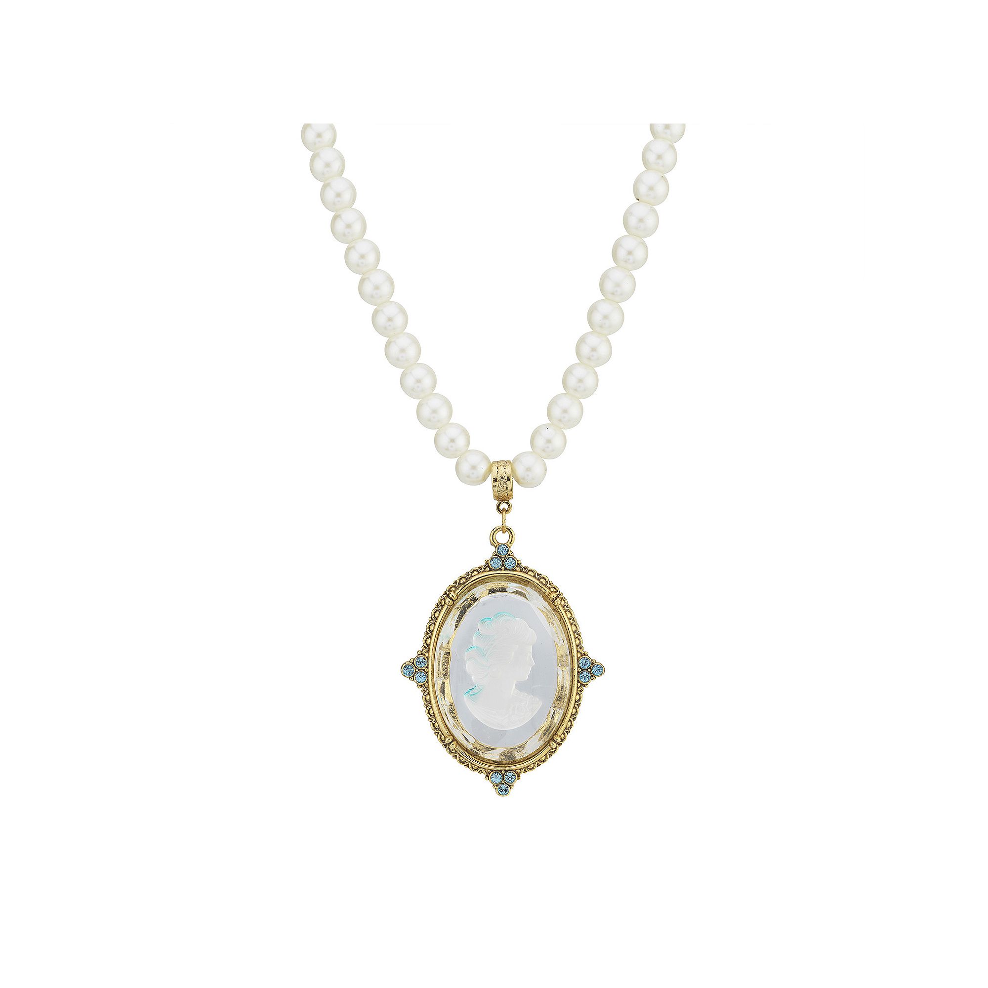 1928 Gold Tone Simulated Pearl & Blue Intaglio Cameo Pendant Necklace, Wome