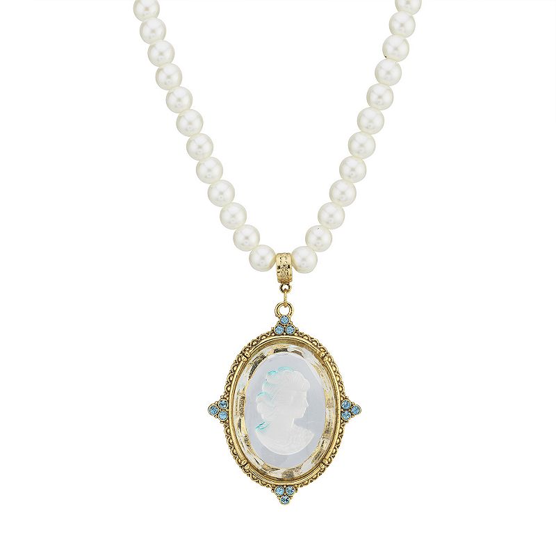 1928 Gold Tone Simulated Pearl & Blue Intaglio Cameo Pendant Necklace, Wome