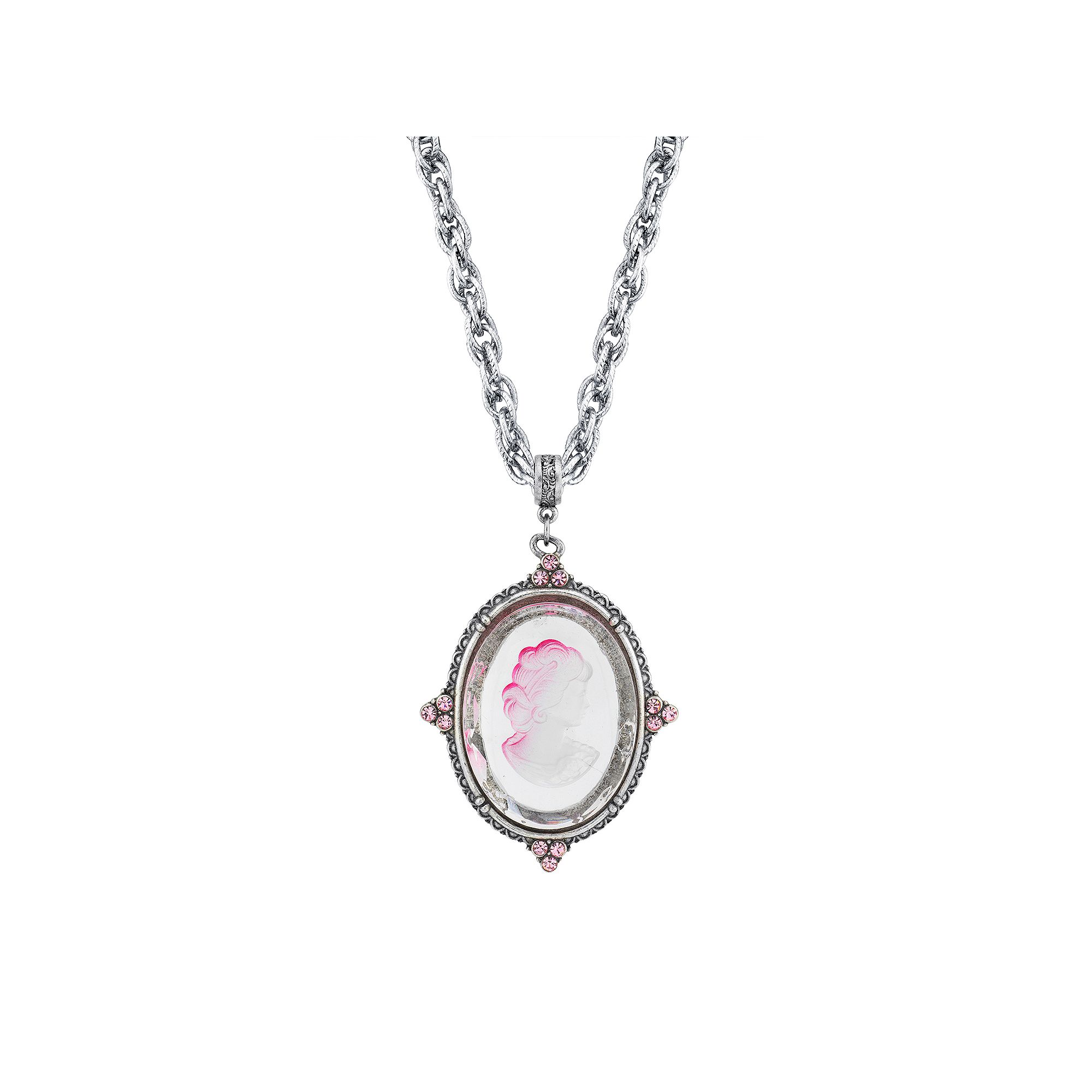 1928 Silver Tone Pink Intaglio Cameo Pendant Necklace, Womens