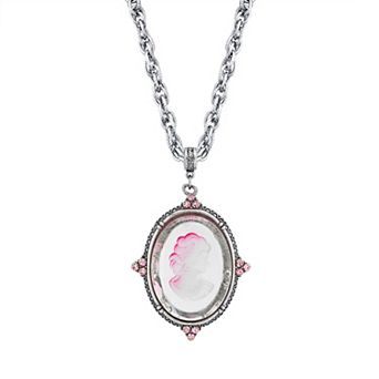 1928 Silver Tone Pink Intaglio Cameo Pendant Necklace