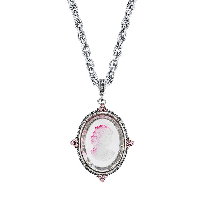 1928 Silver Tone Pink Intaglio Cameo Pendant Necklace, Womens