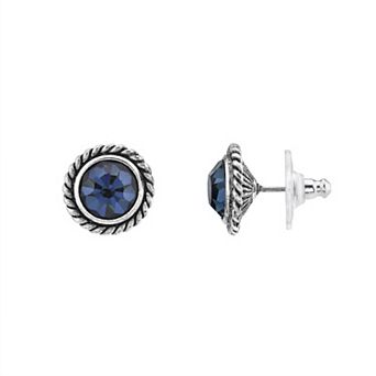 1928 Silver Tone Blue Simulated Crystal Round Button Stud Earrings