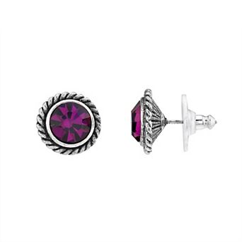1928 Silver Tone Purple Simulated Crystal Round Button Stud Earrings