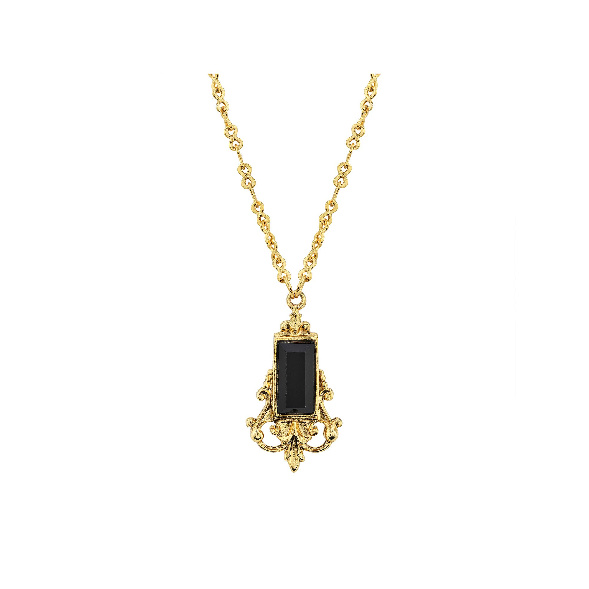 1928 Gold Tone Black Simulated Stone Filigree Pendant Necklace, Womens