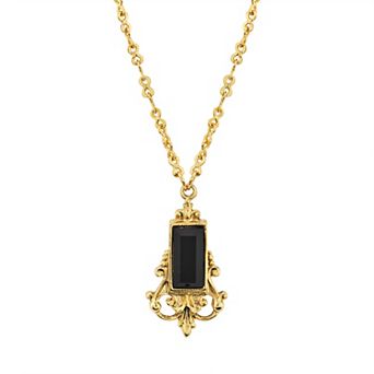 1928 Gold Tone Black Simulated Stone Filigree Pendant Necklace