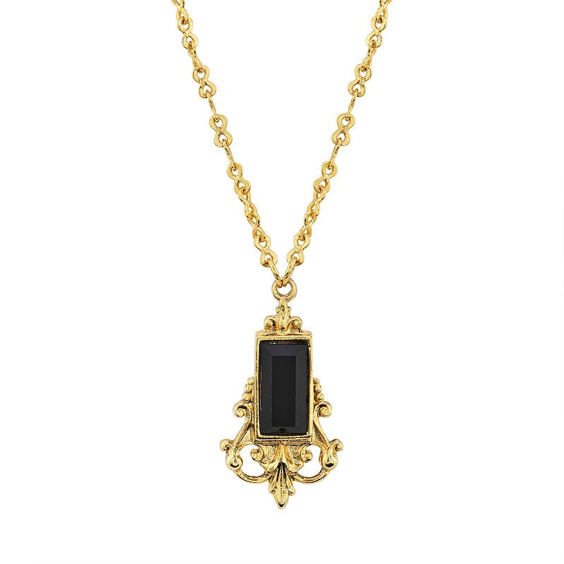 1928 Gold Tone Black Simulated Stone Filigree Pendant Necklace, Womens