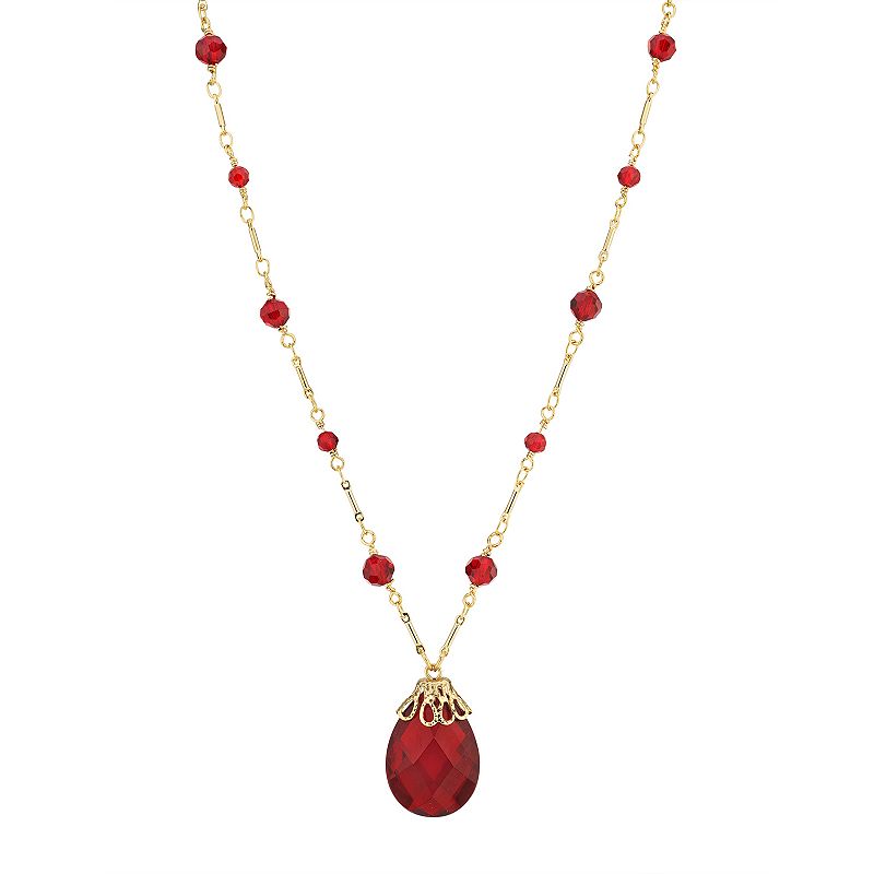 1928 Gold Tone Red Simulated Crystal Briolette Pendant Necklace, Womens