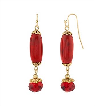 1928 Gold Tone Red Beaded Linear Drop Earrings