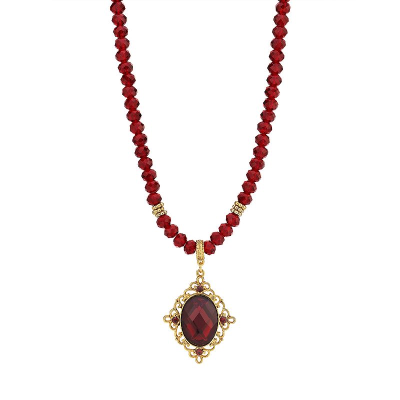 1928 Gold Tone Red Simulated Crystal Filigree Pendant Necklace, Womens