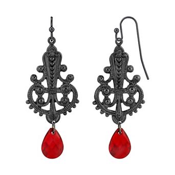 1928 Red Simulated Crystal Briolette Filigree Drop Earrings
