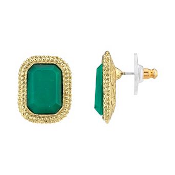 1928 Gold Tone Green Simulated Crystal Stud Earrings