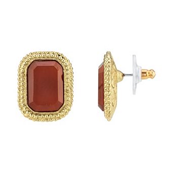 1928 Gold Tone Dark Red Simulated Crystal Stud Earrings