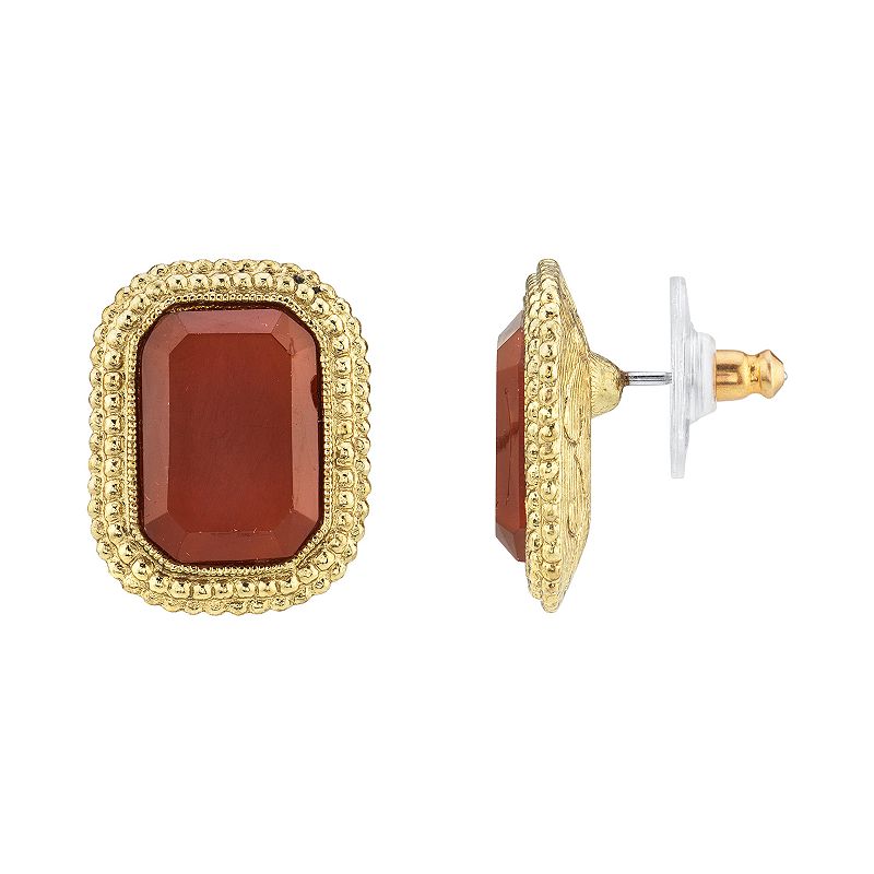 1928 Gold Tone Dark Red Simulated Crystal Stud Earrings, Womens, Orange