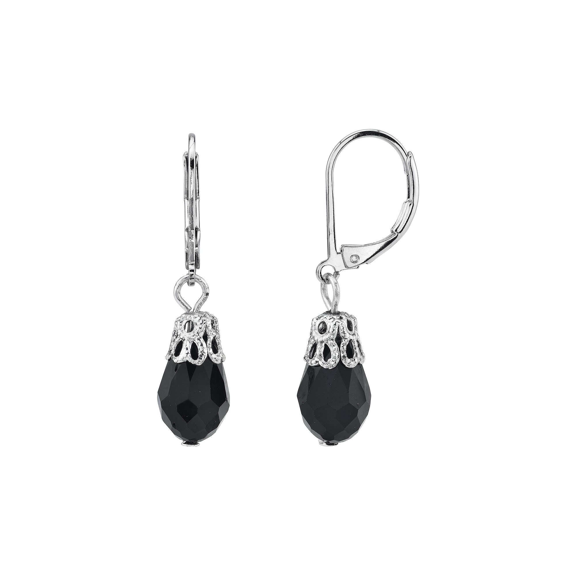 1928 Silver Tone Black Simulated Crystal Filigree Drop Earrings, Womens