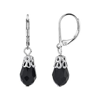 1928 Silver Tone Black Simulated Crystal Filigree Drop Earrings