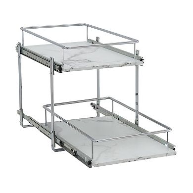 Household Essentials 15-Inch 2-Tier Sliding Cabinet Organizer, Extended Length, Chrome & Faux Marble