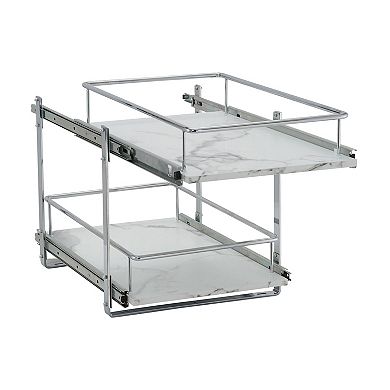 Household Essentials 15-Inch 2-Tier Sliding Cabinet Organizer, Extended Length, Chrome & Faux Marble