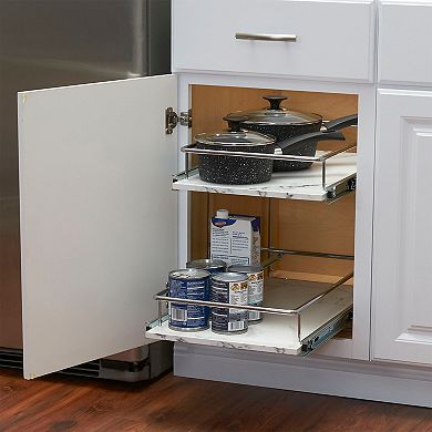 Household Essentials 15-Inch 2-Tier Sliding Cabinet Organizer, Extended Length, Chrome & Faux Marble