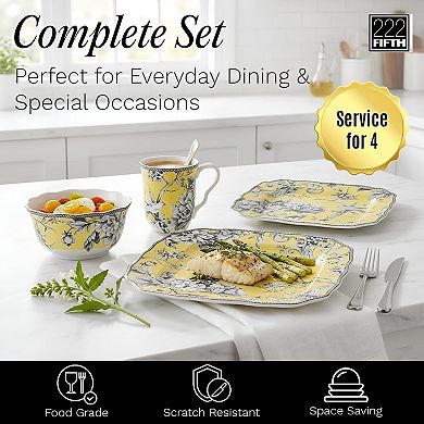 222 Fifth Adelaide Yellow 16-pc. Square Dinnerware Set