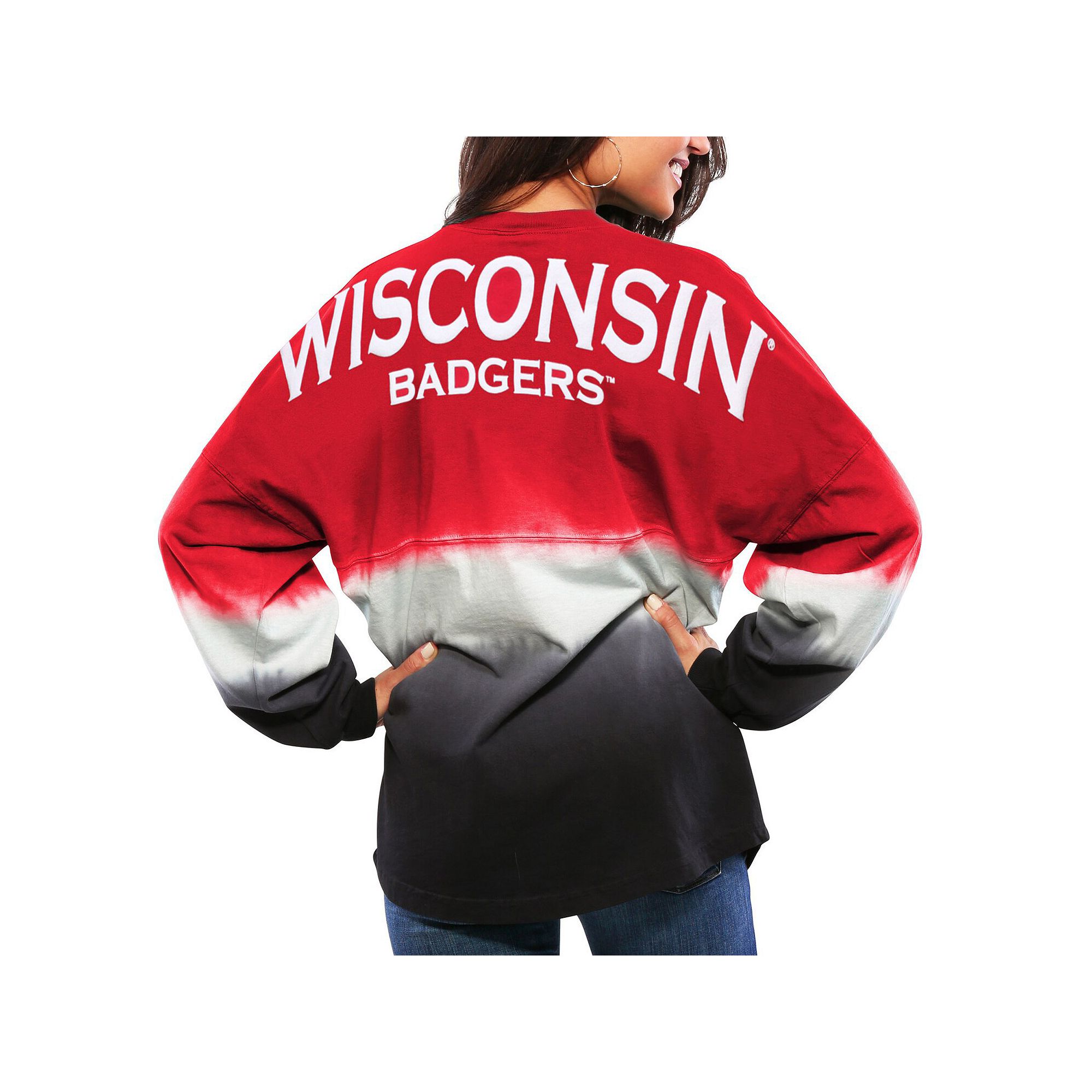 Womens Red Wisconsin Badgers Ombre Long Sleeve Dip-Dyed Spirit Jersey, Siz