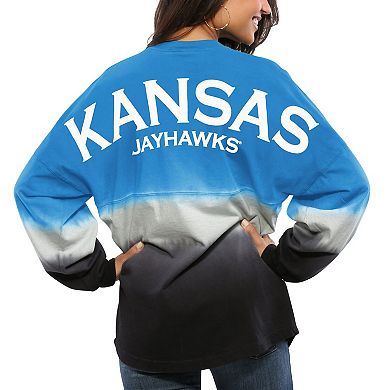 Women's Royal Kansas Jayhawks Ombre Long Sleeve Dip-Dyed Spirit Jersey