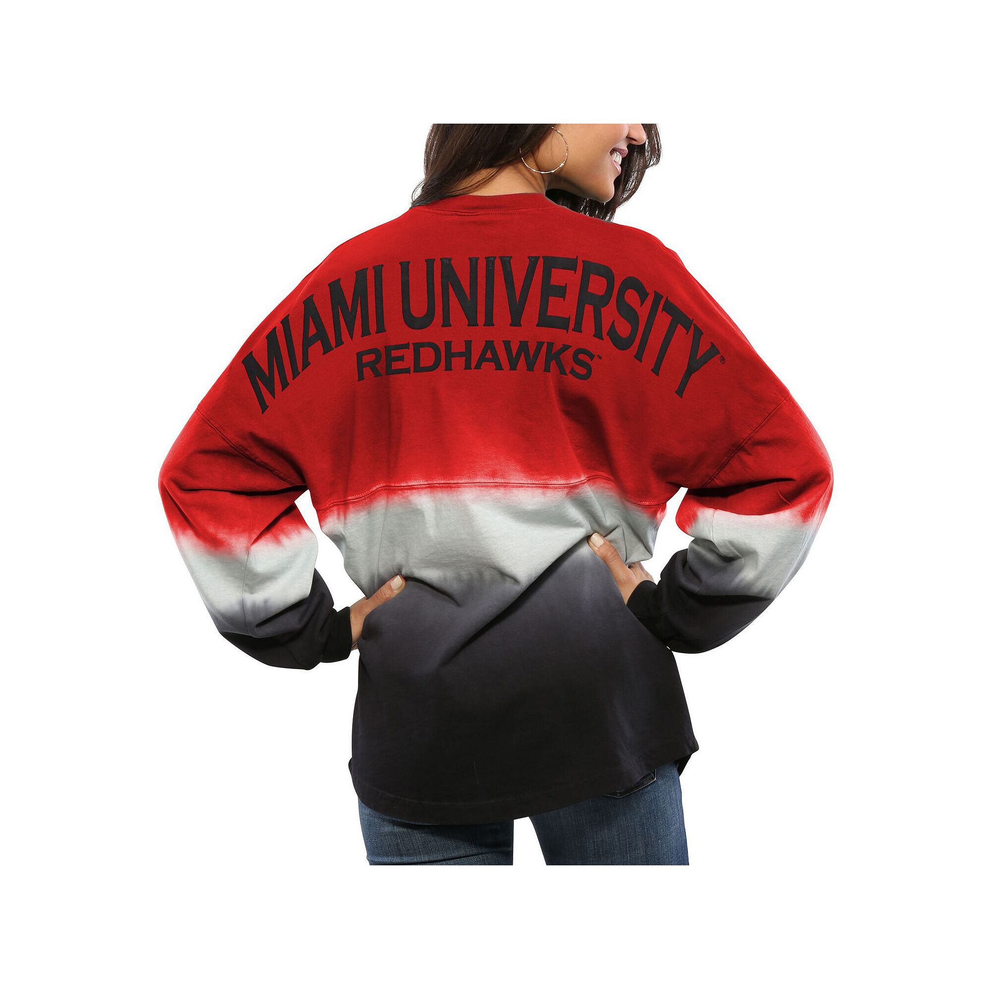 Womens Red Miami University RedHawks Ombre Long Sleeve Dip-Dyed Spirit Jer