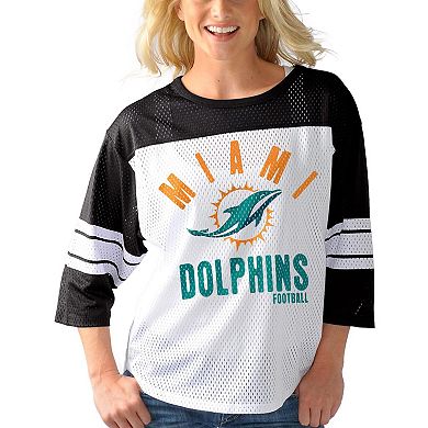 Women's G-III 4Her by Carl Banks White/Black Miami Dolphins First Team Three-Quarter Sleeve Mesh T-Shirt