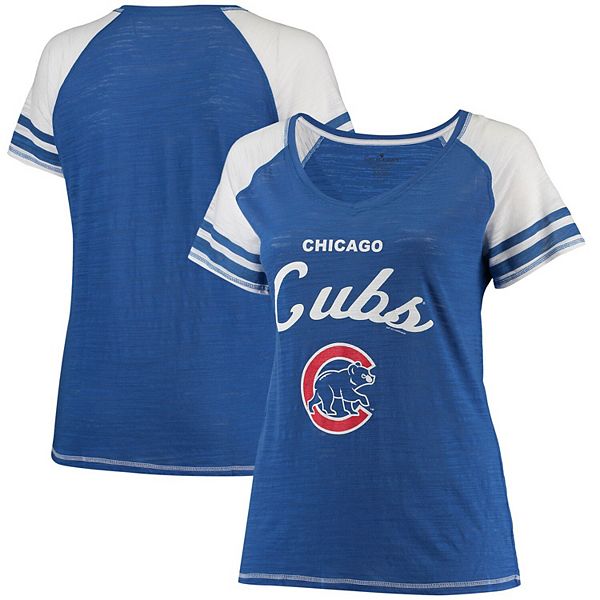 Women's Soft as a Grape Royal Chicago Cubs Plus Sizes Three Out Color  Blocked Raglan Sleeve T-Shirt