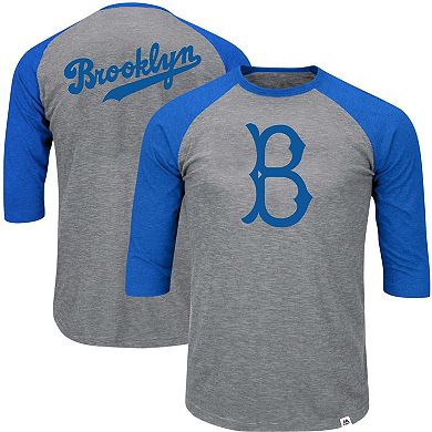 Men's Majestic Heathered Gray/Royal Los Angeles Dodgers Big & Tall Cooperstown Collection Raglan 3/4-Sleeve T-Shirt