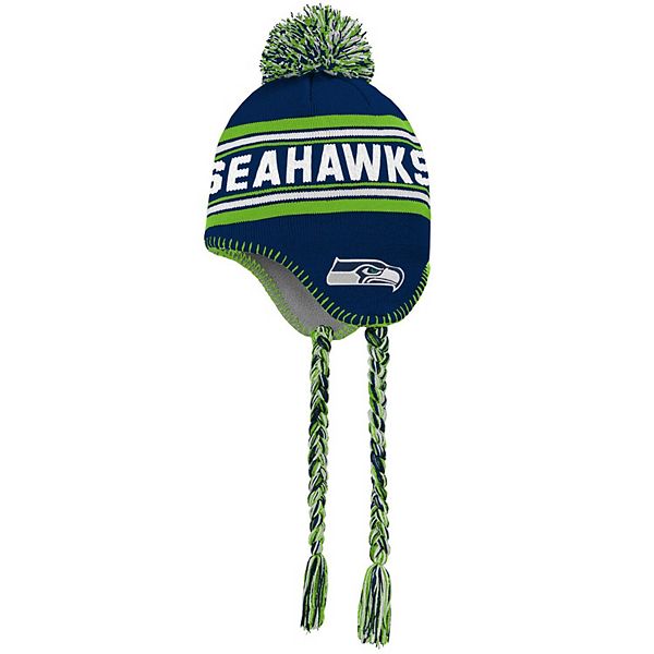 Youth College Navy/Neon Green Seattle Seahawks Jacquard Tassel Knit Hat  with Pom