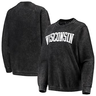 Women's Pressbox Black Wisconsin Badgers Comfy Cord Vintage Wash Basic Arch Pullover Sweatshirt