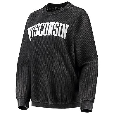Women's Pressbox Black Wisconsin Badgers Comfy Cord Vintage Wash Basic Arch Pullover Sweatshirt