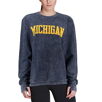 Women's Pressbox Navy Michigan Wolverines Comfy Cord Vintage Wash Basic Arch Pullover Sweatshirt