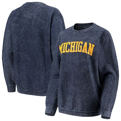 Women's Pressbox Navy Michigan Wolverines Comfy Cord Vintage Wash Basic Arch Pullover Sweatshirt