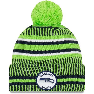 Men's New Era Neon Green/Navy Seattle Seahawks 2019 NFL Sideline Home Reverse Sport Knit Hat