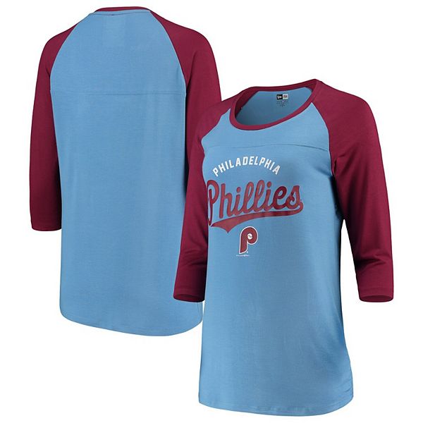 Philadelphia Phillies New Era Women's Cooperstown Raglan 3/4-Sleeve T-Shirt  - Light Blue/Maroon
