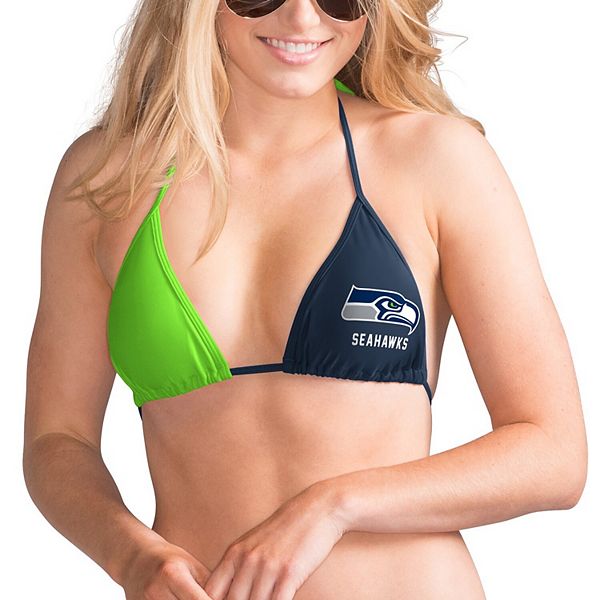 Women's G-III 4Her by Carl Banks College Navy/Neon Green Seattle Seahawks  Game Day Pickoff Bikini Top