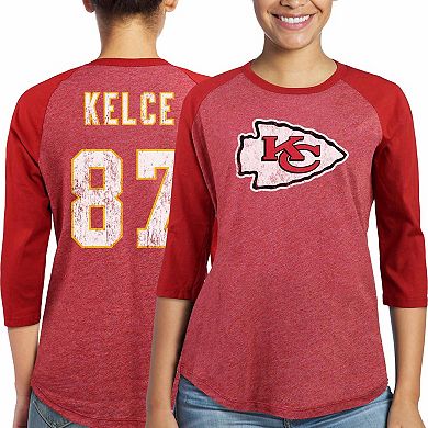 Women's Majestic Travis Kelce Red Kansas City Chiefs Player Name & Number Tri-Blend Three-Quarter Sleeve T-Shirt