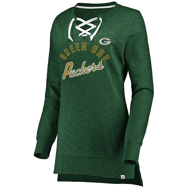 Women's Majestic White/Green Green Bay Packers Lace-Up V-Neck T