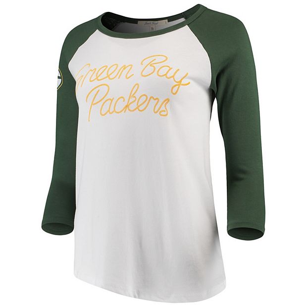 Women's Junk Food White/Green Green Bay Packers Retro Script Raglan  3/4-Sleeve T-Shirt