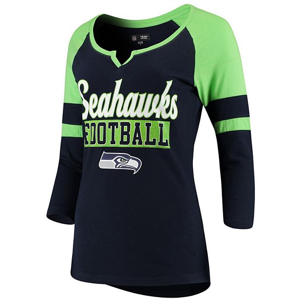 Women's New Era College Navy/Neon Green Seattle Seahawks Glitter Slub  3/4-Sleeve Raglan V-Notch T-Shirt