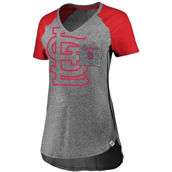 Women's Majestic Gray/Red St. Louis Cardinals Static Pocket Raglan V-Neck T- Shirt