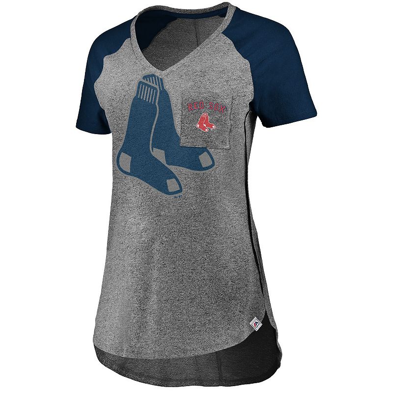 UPC 726657000544 product image for Women's Majestic Gray/Navy Boston Red Sox Static Pocket Raglan V-Neck T-Shirt, S | upcitemdb.com