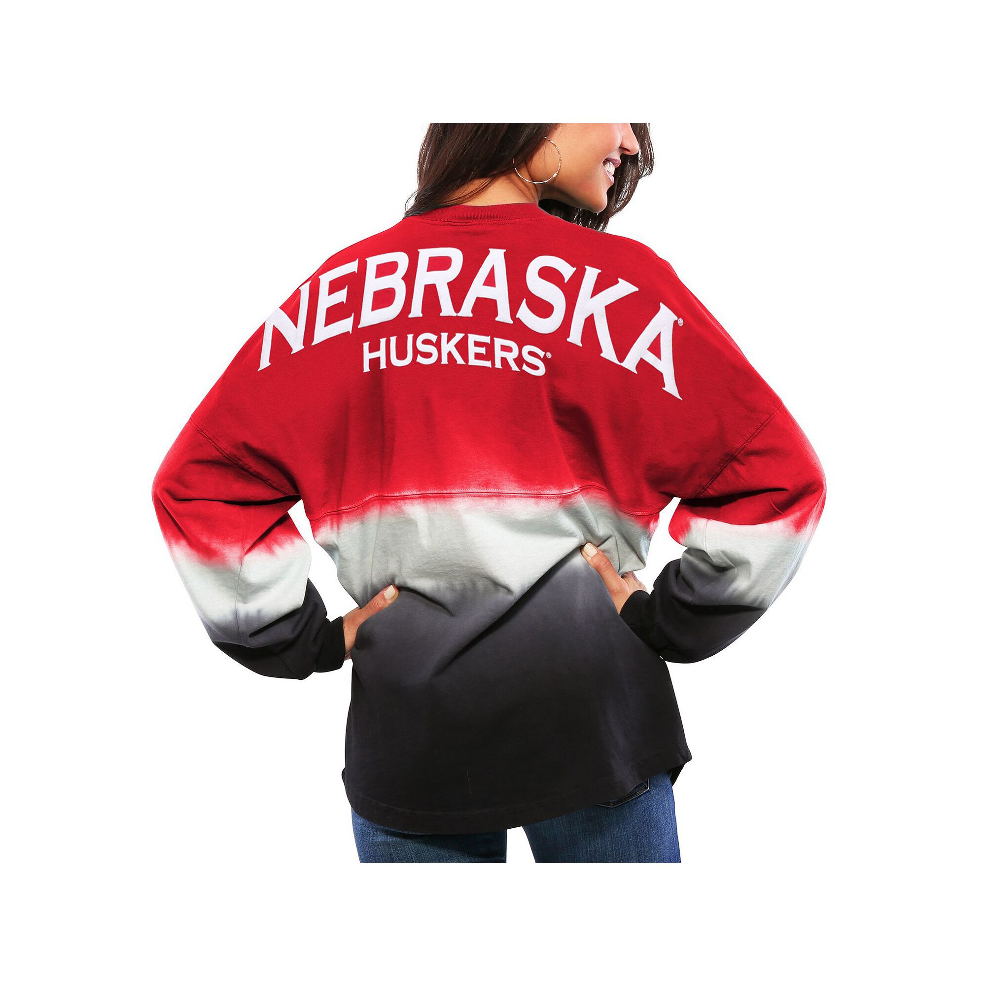 Womens Scarlet Nebraska Huskers Ombre Long Sleeve Dip-Dyed Spirit Jersey, 