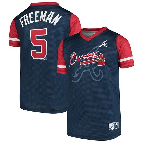 Youth Majestic Freddie Freeman Navy/Red Atlanta Braves Play Hard Player  V-Neck Jersey T-Shirt