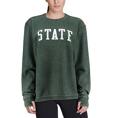 Women's Pressbox Green Michigan State Spartans Comfy Cord Vintage Wash Basic Arch Pullover Sweatshirt