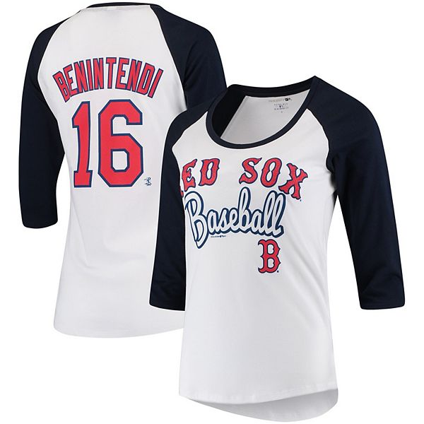 Women's 5th & Ocean by New Era Andrew Benintendi White/Navy Boston Red Sox  Glitter 3/4-Sleeve Raglan T-Shirt