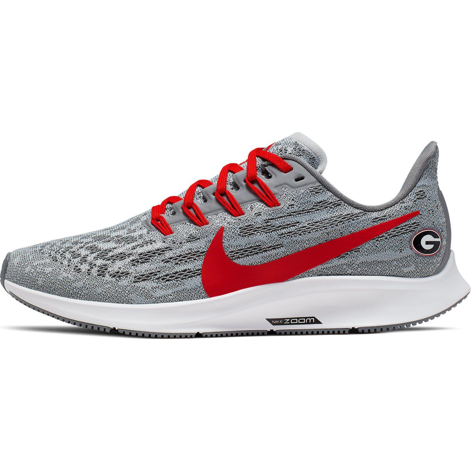 gray and red nike shoes